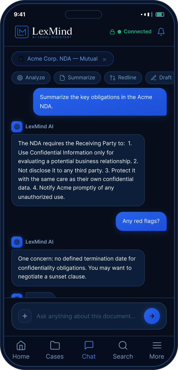 LexMind mobile chat screenshot